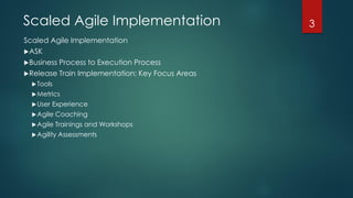 Scaled Agile Implementation
Scaled Agile Implementation
ASK
Business Process to Execution Process
Release Train Implementation: Key Focus Areas
Tools
Metrics
User Experience
Agile Coaching
Agile Trainings and Workshops
Agility Assessments
3
 