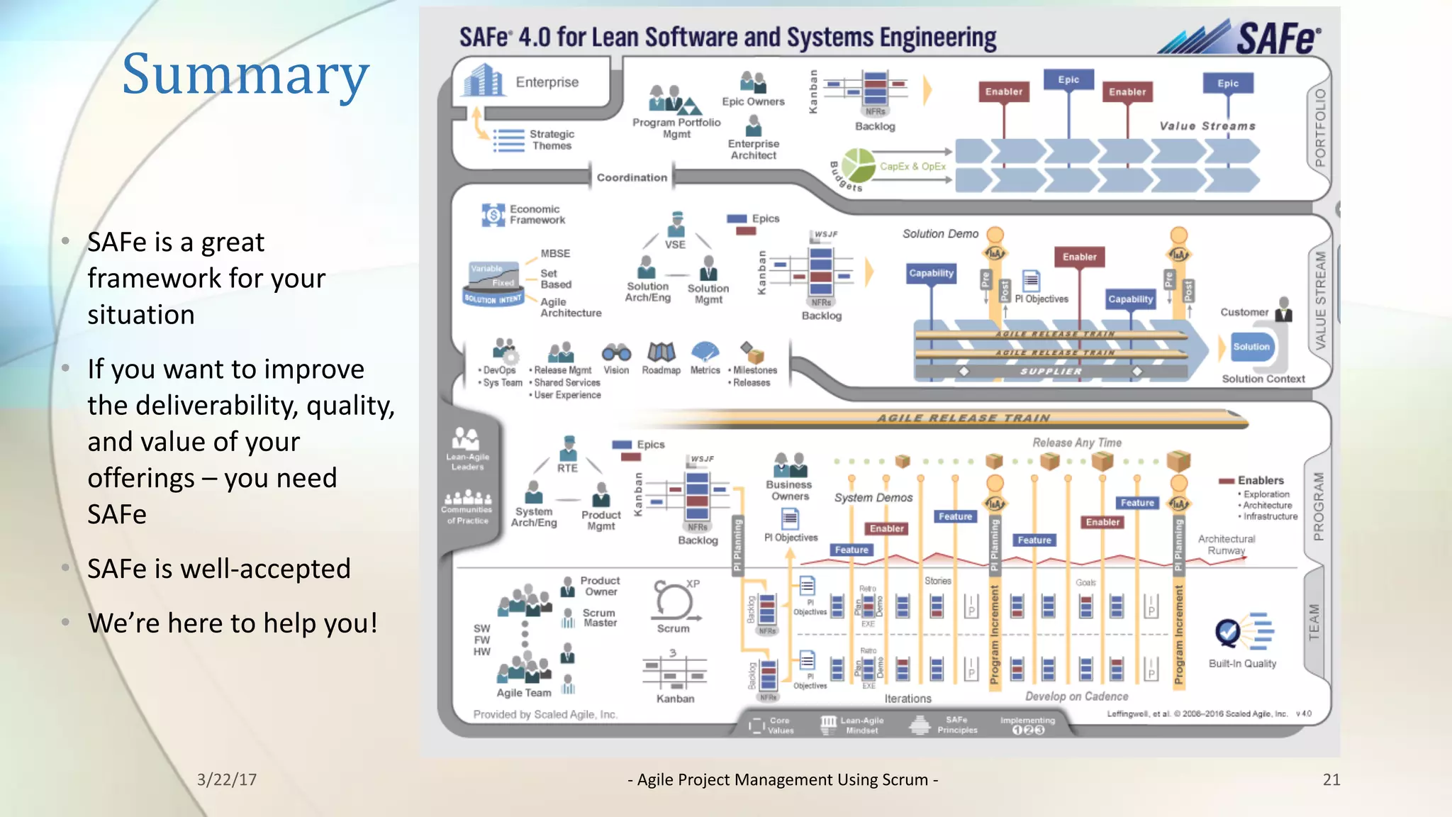 Summary
• SAFe is	a	great	
framework	for	your	
situation
• If	you	want	to	improve	
the	deliverability,	quality,	
and	value	of	your	
offerings	– you	need	
SAFe
• SAFe is	well-accepted
• We’re	here	to	help	you!
213/22/17 - Agile	Project	Management	Using	Scrum	-
 