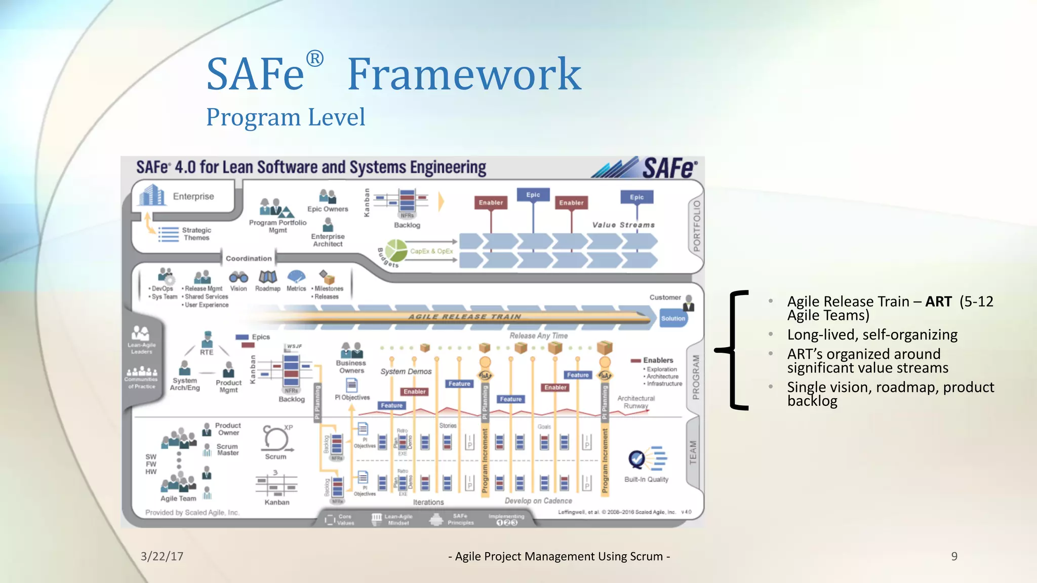 SAFe
®
Framework
Program	Level
9
• Agile	Release	Train	– ART (5-12	
Agile	Teams)
• Long-lived,	self-organizing
• ART’s	organized	around		
significant	value	streams
• Single	vision,	roadmap,	product	
backlog
3/22/17 - Agile	Project	Management	Using	Scrum	-
 