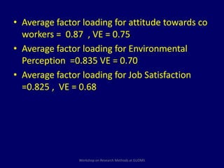 • Average factor loading for attitude towards co 
workers = 0.87 , VE = 0.75 
• Average factor loading for Environmental 
Perception =0.835 VE = 0.70 
• Average factor loading for Job Satisfaction 
=0.825 , VE = 0.68 
Workshop on Research Methods at GUDMS 
 
