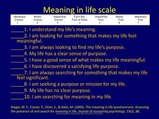 Meaning in life scale 
_____1. I understand my life’s meaning. 
_____2. I am looking for something that makes my life feel 
meaningful. 
_____3. I am always looking to find my life’s purpose. 
_____4. My life has a clear sense of purpose. 
_____5. I have a good sense of what makes my life meaningful. 
_____6. I have discovered a satisfying life purpose. 
_____7. I am always searching for something that makes my life 
feel significant. 
_____8. I am seeking a purpose or mission for my life. 
_____9. My life has no clear purpose. 
_____10. I am searching for meaning in my life. 
Steger, M. F., Frazier, P., Oishi, S., & Kaler, M. (2006). The meaning in life questionnaire: Assessing 
the presence of and search for meaning in life. Journal of counseling psychology, 53(1), 80. 
Workshop on Research Methods at GUDMS 
 