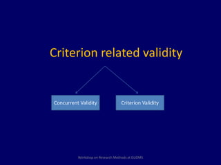 Criterion related validity 
Concurrent Validity Criterion Validity 
Workshop on Research Methods at GUDMS 
 