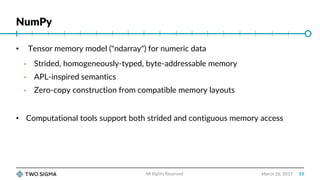 NumPy
March 26, 2017
• Tensor memory model ("ndarray") for numeric data
• Strided, homogeneously-typed, byte-addressable memory
• APL-inspired semantics
• Zero-copy construction from compatible memory layouts
• Computational tools support both strided and contiguous memory access
All Rights Reserved 10
 