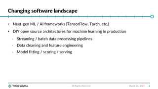 Changing software landscape
March 26, 2017
• Next-gen ML / AI frameworks (TensorFlow, Torch, etc.)
• DIY open source archi...