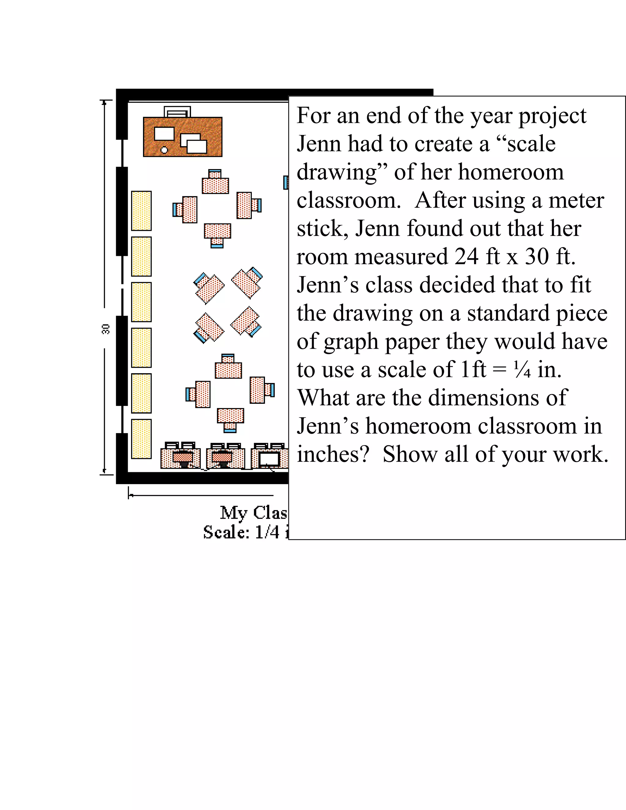 For an end of the year project
Jenn had to create a “scale
drawing” of her homeroom
classroom. After using a meter
stick, Jenn found out that her
room measured 24 ft x 30 ft.
Jenn’s class decided that to fit
the drawing on a standard piece
of graph paper they would have
to use a scale of 1ft = ¼ in.
What are the dimensions of
Jenn’s homeroom classroom in
inches? Show all of your work.