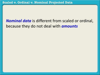 Nominal data is different from scaled or ordinal, 
because they do not deal with amounts 
 