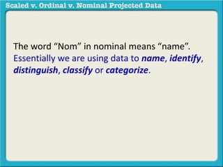 The word “Nom” in nominal means “name”. 
Essentially we are using data to name, identify, 
distinguish, classify or categorize. 
 