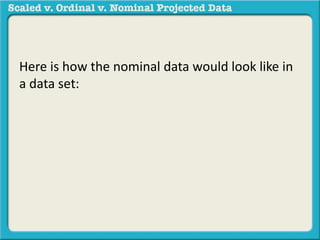 Here is how the nominal data would look like in 
a data set: 
 