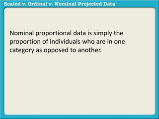 Nominal proportional data is simply the 
proportion of individuals who are in one 
category as opposed to another. 
 