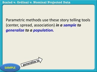 Parametric methods use these story telling tools 
(center, spread, association) in a sample to 
generalize to a population. 
SAMPLE 
 