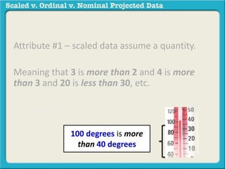 Attribute #1 – scaled data assume a quantity. 
Meaning that 3 is more than 2 and 4 is more 
than 3 and 20 is less than 30, etc. 
For example: 40 degrees is more 
than 30 degrees. 110 degrees is 
less than 120 d1e0g0 rdeeegsr.ees is more 
than 40 degrees 
 