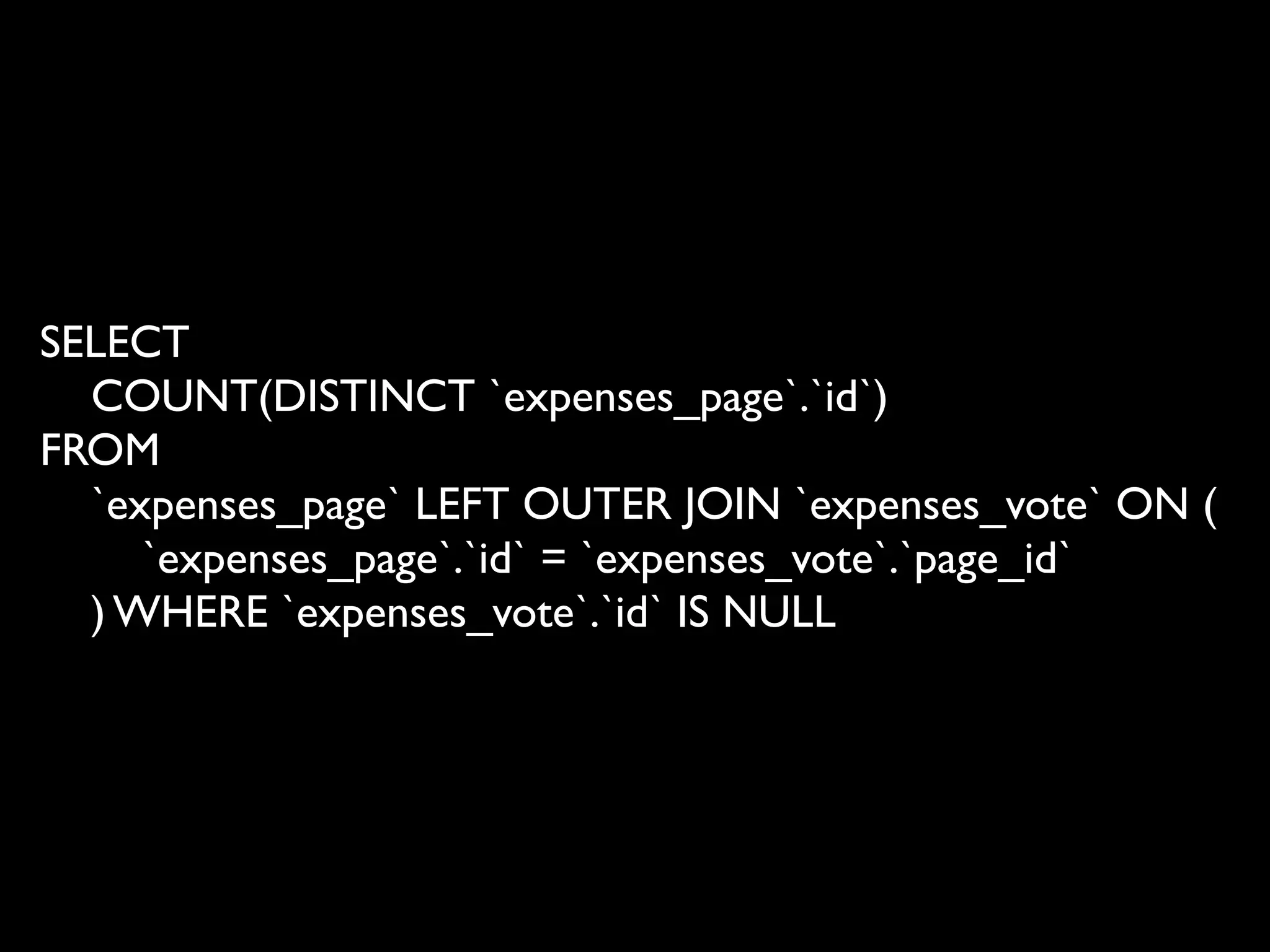 SELECT
  COUNT(DISTINCT `expenses_page`.`id`)
FROM
  `expenses_page` LEFT OUTER JOIN `expenses_vote` ON (
     `expenses_page`.`id` = `expenses_vote`.`page_id`
  ) WHERE `expenses_vote`.`id` IS NULL
 