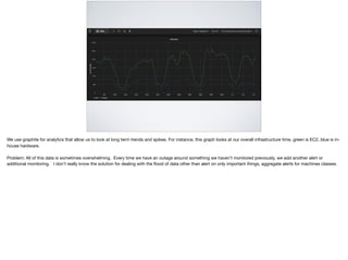 We use graphite for analytics that allow us to look at long term trends and spikes. For instance, this graph looks at our overall infrastructure time, green is EC2, blue is in-
house hardware.

Problem: All of this data is sometimes overwhelming. Every time we have an outage around something we haven’t monitored previously, we add another alert or
additional monitoring. I don’t really know the solution for dealing with the ﬂood of data other than alert on only important things, aggregate alerts for machines classes.
 