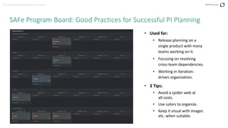 9 | Scaling Kanban Beyond the Team Level perforce.com
SAFe Program Board: Good Practices for Successful PI Planning
• Used for:
• Release planning on a
single product with many
teams working on it.
• Focusing on resolving
cross-team dependencies.
• Working in iteration-
driven organization.
• 3 Tips:
• Avoid a spider web at
all costs.
• Use colors to organize.
• Keep it visual with images
etc. when suitable.
 