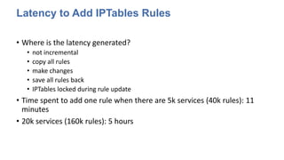 Latency to Add IPTables Rules
• Where is the latency generated?
• not incremental
• copy all rules
• make changes
• save all rules back
• IPTables locked during rule update
• Time spent to add one rule when there are 5k services (40k rules): 11
minutes
• 20k services (160k rules): 5 hours
 