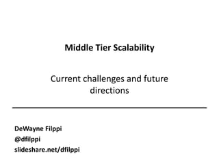 Middle Tier Scalability
Current challenges and future
directions
DeWayne Filppi
@dfilppi
slideshare.net/dfilppi
 