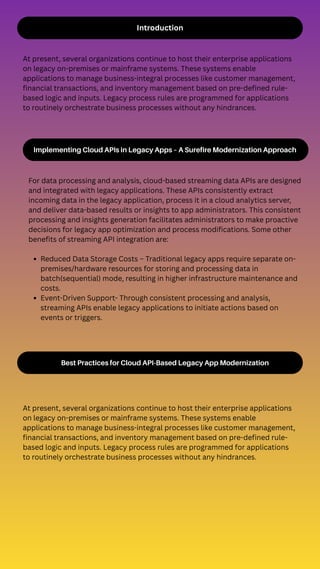 Introduction
At present, several organizations continue to host their enterprise applications
on legacy on-premises or mainframe systems. These systems enable
applications to manage business-integral processes like customer management,
financial transactions, and inventory management based on pre-defined rule-
based logic and inputs. Legacy process rules are programmed for applications
to routinely orchestrate business processes without any hindrances.
Implementing Cloud APIs in Legacy Apps – A Surefire Modernization Approach
For data processing and analysis, cloud-based streaming data APIs are designed
and integrated with legacy applications. These APIs consistently extract
incoming data in the legacy application, process it in a cloud analytics server,
and deliver data-based results or insights to app administrators. This consistent
processing and insights generation facilitates administrators to make proactive
decisions for legacy app optimization and process modifications. Some other
benefits of streaming API integration are:
Reduced Data Storage Costs – Traditional legacy apps require separate on-
premises/hardware resources for storing and processing data in
batch(sequential) mode, resulting in higher infrastructure maintenance and
costs.
Event-Driven Support- Through consistent processing and analysis,
streaming APIs enable legacy applications to initiate actions based on
events or triggers.
Best Practices for Cloud API-Based Legacy App Modernization
At present, several organizations continue to host their enterprise applications
on legacy on-premises or mainframe systems. These systems enable
applications to manage business-integral processes like customer management,
financial transactions, and inventory management based on pre-defined rule-
based logic and inputs. Legacy process rules are programmed for applications
to routinely orchestrate business processes without any hindrances.
 