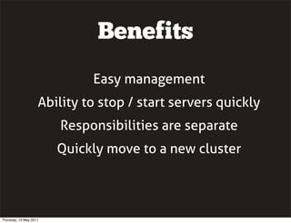 Benefits
Easy management
Ability to stop / start servers quickly
Responsibilities are separate
Quickly move to a new clust...