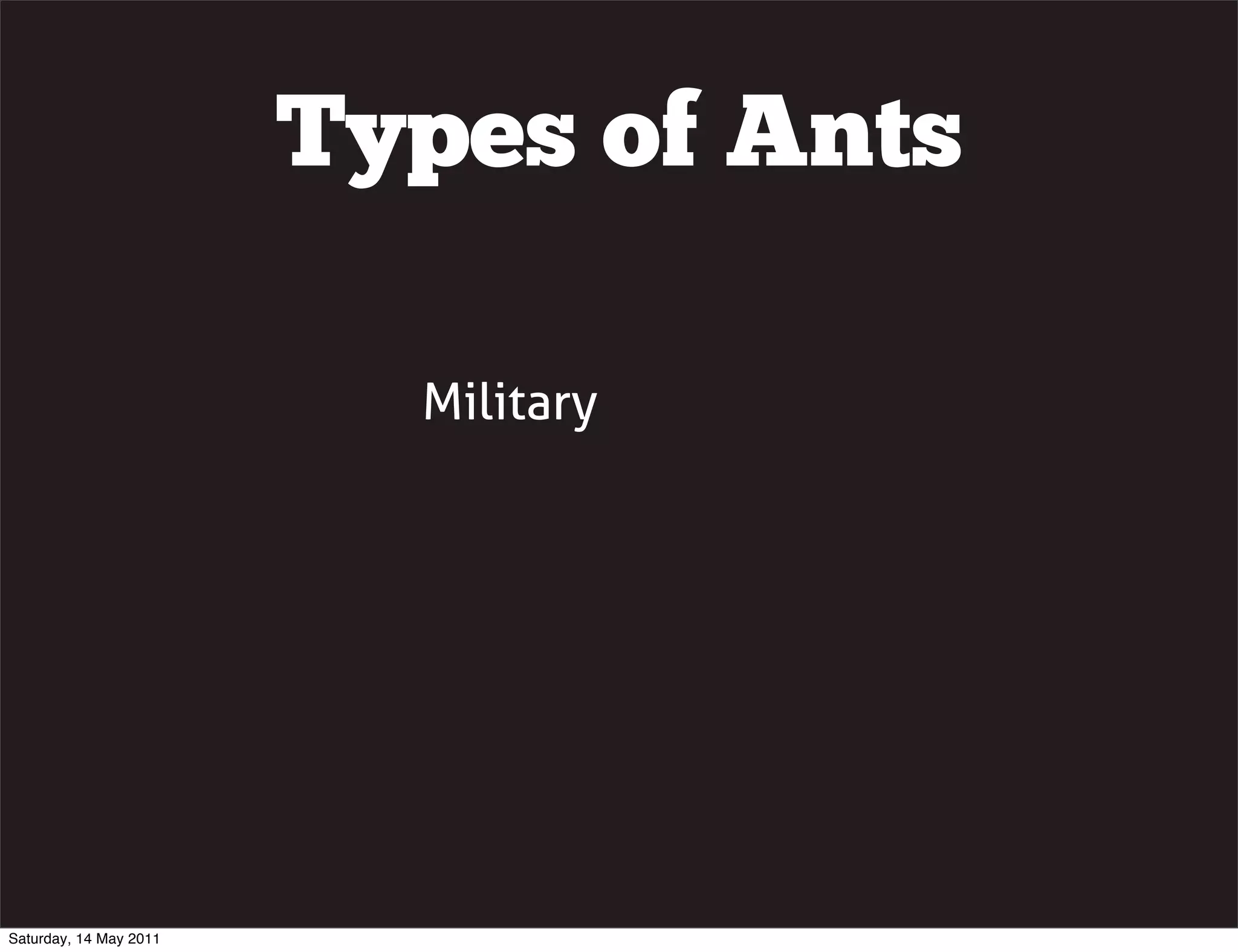 Types of Ants

                          Military




Saturday, 14 May 2011
 