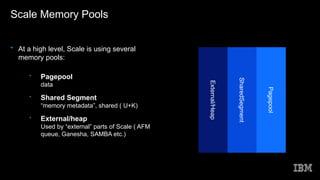 Scale Memory Pools
• At a high level, Scale is using several
memory pools:
• Pagepool
data
• Shared Segment
“memory metadata”, shared ( U+K)
• External/heap
Used by “external” parts of Scale ( AFM
queue, Ganesha, SAMBA etc.)
External/Heap
SharedSegment
Pagepool
 