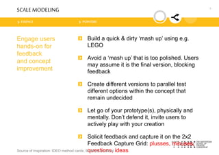 ESSENCE POINTERS
SCALE MODELING
Engage users
hands-on for
feedback
and concept
improvement
Build a quick & dirty ‘mash up’ using e.g.
LEGO
Avoid a ‘mash up’ that is too polished. Users
may assume it is the final version, blocking
feedback
Create different versions to parallel test
different options within the concept that
remain undecided
Let go of your prototype(s), physically and
mentally. Don’t defend it, invite users to
actively play with your creation
Solicit feedback and capture it on the 2x2
Feedback Capture Grid: plusses, minuses,
questions, ideasSource of Inspiration: IDEO method cards; Stanford d-school
3
 