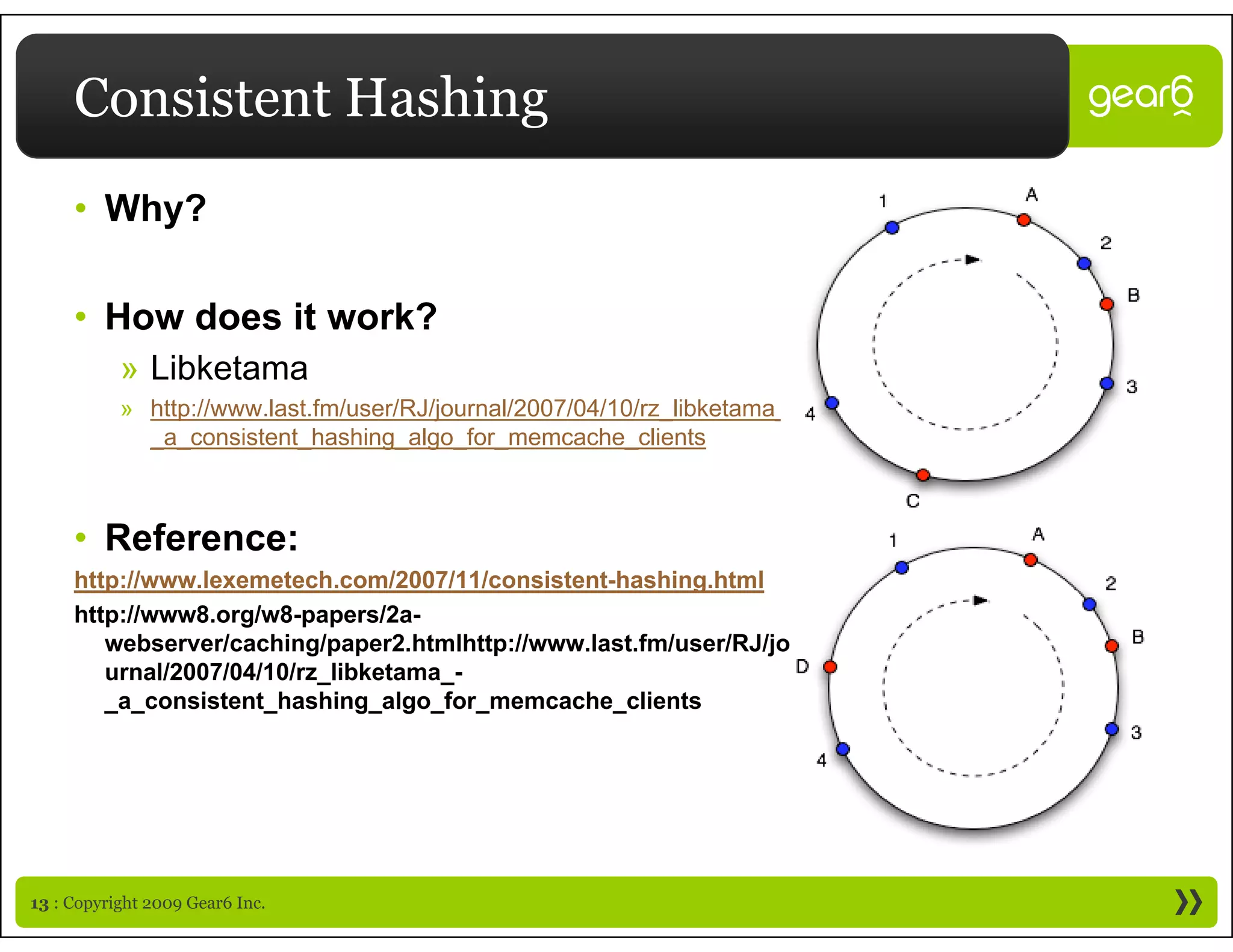 Consistent Hashing
     • Why?

     • How does it work?
           » Libk t
             Libketama
           » http://www.last.fm/user/RJ/journal/2007/04/10/rz_libketama_-
             _a_consistent_hashing_algo_for_memcache_clients



     • Reference:
     http://www.lexemetech.com/2007/11/consistent-hashing.html
        p                                                g
     http://www8.org/w8-papers/2a-
        webserver/caching/paper2.htmlhttp://www.last.fm/user/RJ/jo
        urnal/2007/04/10/rz_libketama_-
        _a_consistent_hashing_algo_for_memcache_clients
         a consistent hashing algo for memcache clients




13 : Copyright 2009 Gear6 Inc.
 