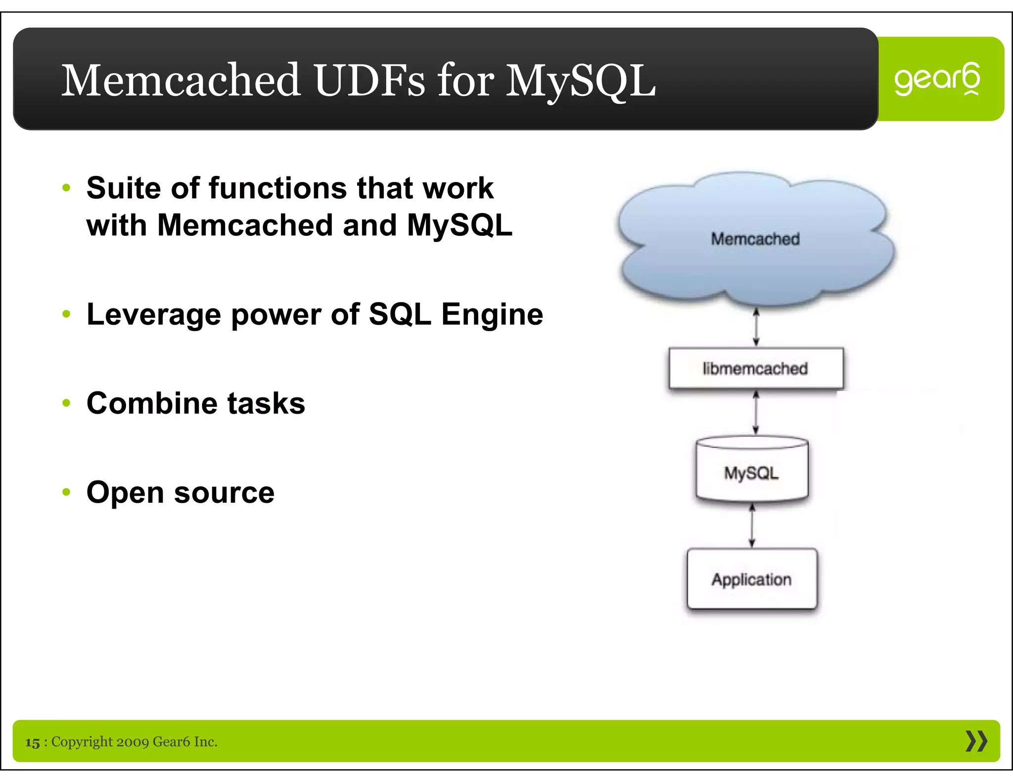Memcached UDFs for MySQL

     • Suite of functions that work
       with Memcached and MySQL

     • Leverage power of SQL Engine

     • Combine tasks

     • O
       Open source




15 : Copyright 2009 Gear6 Inc.
 
