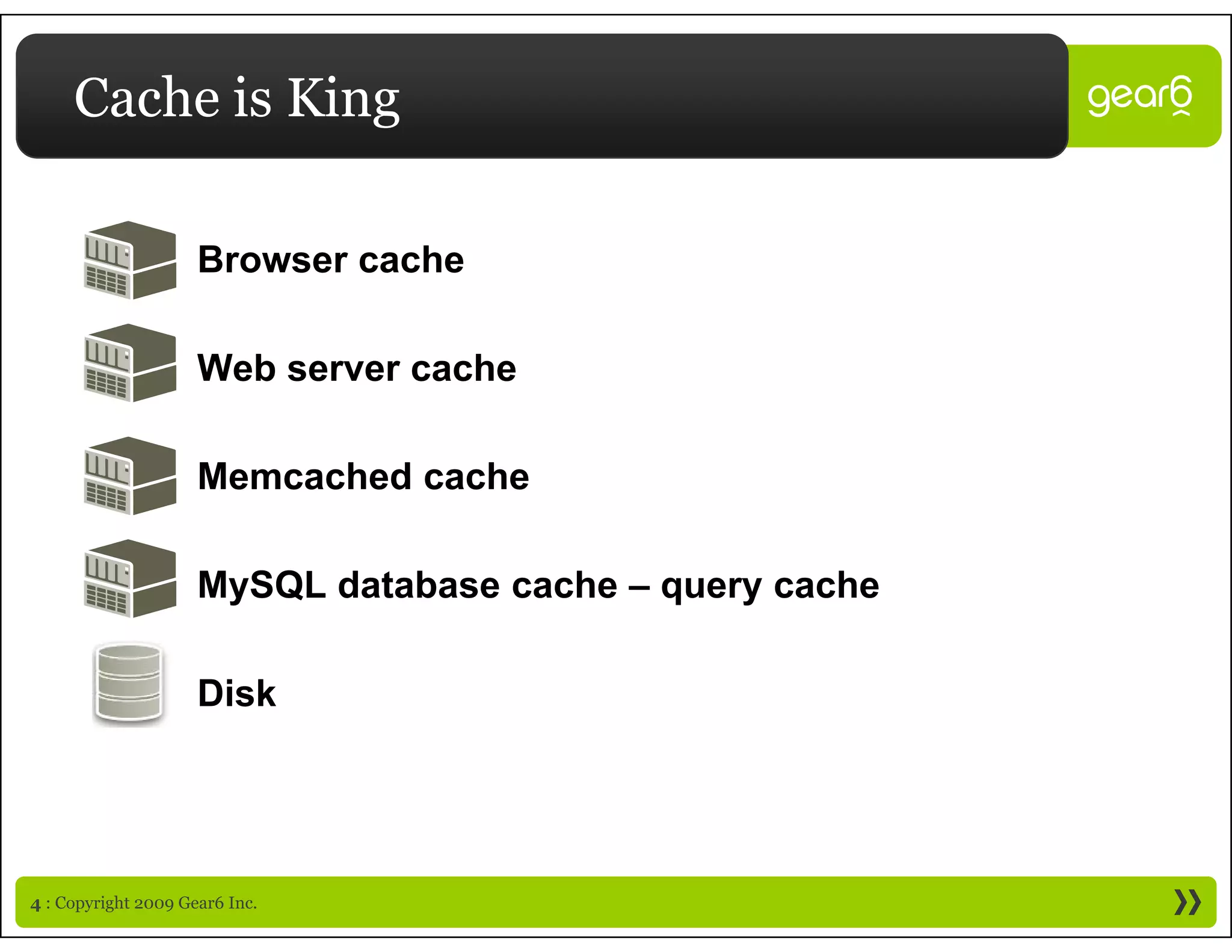 Cache is King

                     Browser cache

                     Web
                     W b server cache
                                   h

                     Memcached cache

                     MySQL database cache – query cache

                     Disk




4 : Copyright 2009 Gear6 Inc.
 