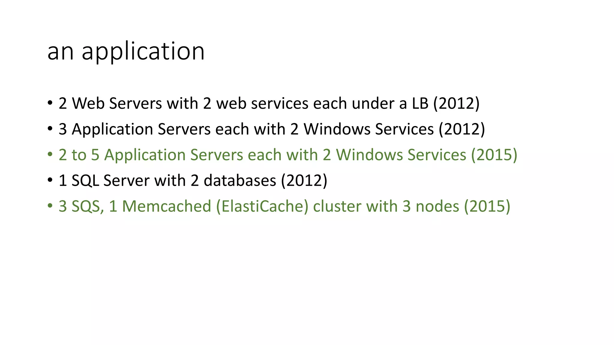an application
• 2 Web Servers with 2 web services each under a LB (2012)
• 3 Application Servers each with 2 Windows Services (2012)
• 2 to 5 Application Servers each with 2 Windows Services (2015)
• 1 SQL Server with 2 databases (2012)
• 3 SQS, 1 Memcached (ElastiCache) cluster with 3 nodes (2015)
 