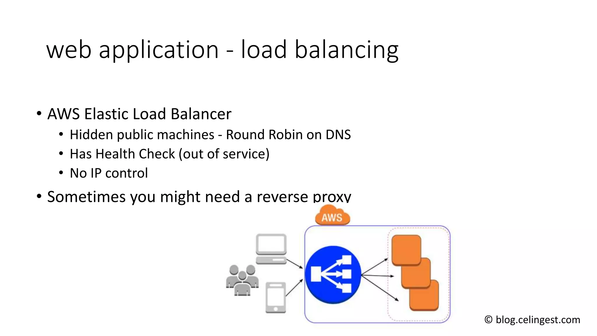 web application - load balancing
• AWS Elastic Load Balancer
• Hidden public machines - Round Robin on DNS
• Has Health Check (out of service)
• No IP control
• Sometimes you might need a reverse proxy
© blog.celingest.com
 