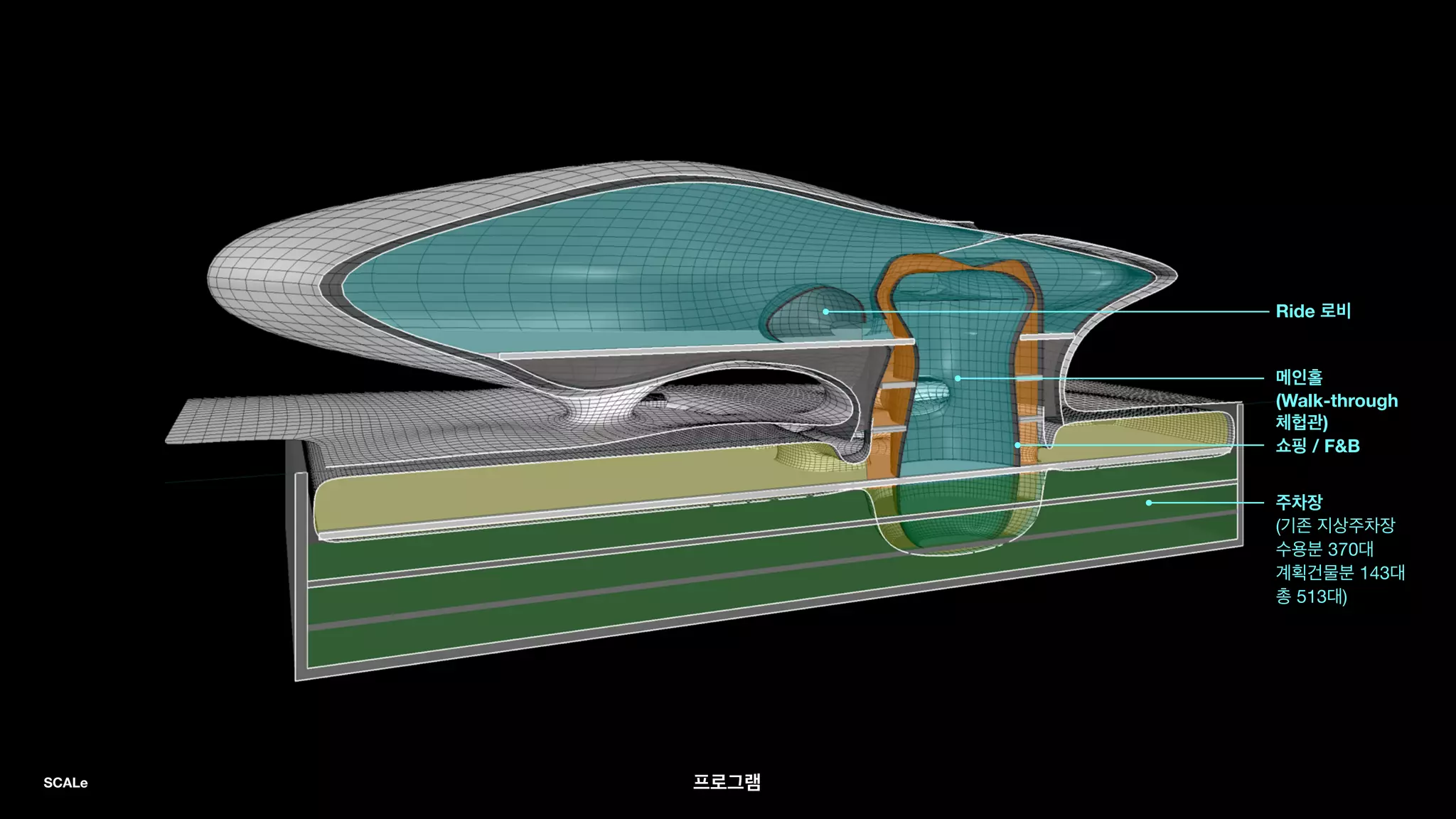 !
!
Ride 로비
!
!
메인홀
(Walk-through
체헙관)
쇼핑 / F&B
프로그램
!
!
주차장
(기존 지상주차장 

수용분 370대

계획건물분 143대

총 513대)
SCALe
 
