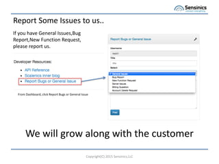 Report Some Issues to us..
Copyright(C) 2015 Sensinics,LLC
If you have General Issues,Bug
Report,New Function Request,
please report us.
We will grow along with the customer
From Dashboard, click Report Bugs or General Issue
 
