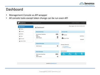 Dashboard
Copyright(C) 2015 Sensinics,LLC
? Management Console as API wrapper
? All console tasks except token change can be run even API
 