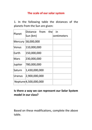 The scale of our solar system
1. In the following table the distances of the
planets from the Sun are given:
Planet
Distance from the
Sun (km)
in
centimeters
Mercury 58,000,000
Venus 110,000,000
Earth 150,000,000
Mars 230,000,000
Jupiter 780,000,000
Saturn 1,430,000,000
Uranus 2,900,000,000
Neptune4,500,000,000
Is there a way we can represent our Solar System
model in our class?
Based on these modifications, complete the above
table.
 