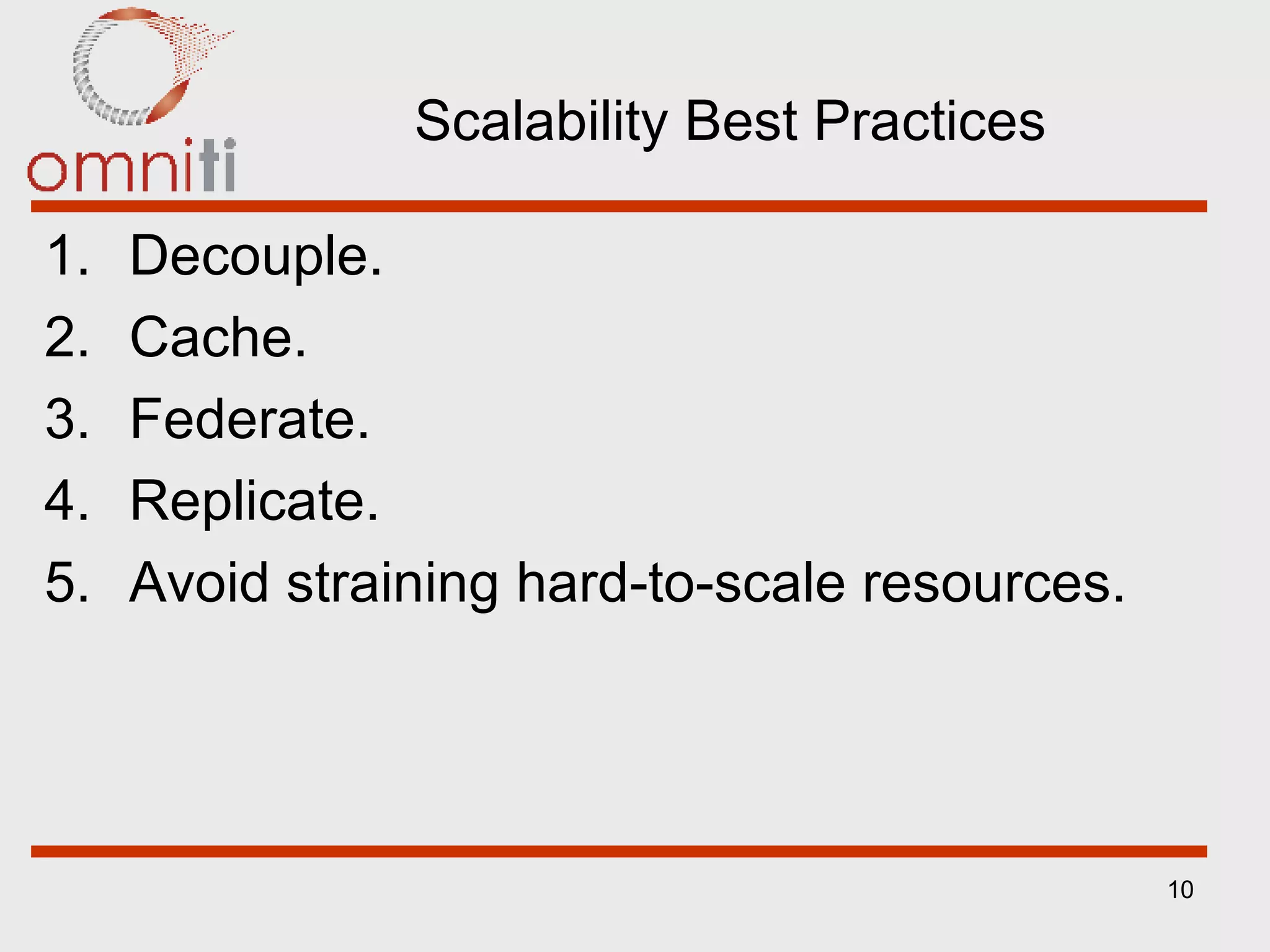 Scalability Best Practices Decouple. Cache. Federate. Replicate. Avoid straining hard-to-scale resources. 