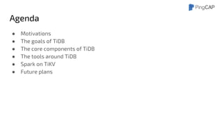 Agenda
● Motivations
● The goals of TiDB
● The core components of TiDB
● The tools around TiDB
● Spark on TiKV
● Future plans
 