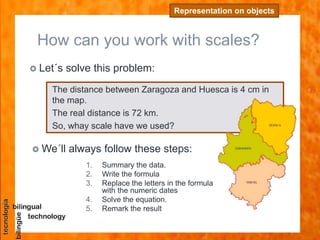 How can you work with scales?
 Let´s solve this problem:
Representation on objects
The distance between Zaragoza and Huesca is 4 cm in
the map.
The real distance is 72 km.
So, whay scale have we used?
 We´ll always follow these steps:
1. Summary the data.
2. Write the formula
3. Replace the letters in the formula
with the numeric dates
4. Solve the equation.
5. Remark the result
 