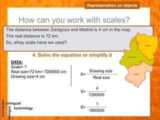 How can you work with scales?
Representation on objects
The distance between Zaragoza and Madrid is 4 cm in the map.
The real distance is 72 km.
So, whay scale have we used?
4. Solve the equation or simplify it
DATA:
Scale= ?
Real size=72 km= 7200000 cm
Drawing size=4 cm
S=
Drawing size
Real size
S=
4
7200000
S=
1
1800000
 