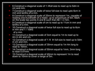  6.Construct a diagonal scale of 1 /4full size to read up to 5dm in
cm and mm.
 7.Construct a diagonal scale of twice full size to read upto 6cm in
mm and tenths of a mm.
 8.Construct a diagonal scale of 25mm to represent 1m, capable of
reading one-hundredth of a meter, up to amaximum of 5m. Mark
on the scale two points A and B such that AB = 3.72m.
 9.Construct a diagonal scale of cm to read up to 11cm in mm and
tenths of a mm.
 10.Construct a diagonal scale of twice full size to read up to 6cm
in mm and 1 / 10ths
of a mm.
 11.Construct a diagonal scale of 3cm equal to 1m to read up to
4m in dm and cm.
 12.Construct a diagonal scale of 1 /4 th full size to read up to 5dm
in cm and mm.
 13.Construct a diagonal scale of 30mm equal to 1m 4m long to
read to 10mm.
 14.Construct a diagonal scale of 50mm equal to 1mm, 3mm long
to read 0.01mm.
 15.Construct a diagonal scale of 40mm to represent 1m to read
down to 10mm to cover a range of 5m.
 