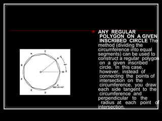  ANY REGULAR
POLYGON ON A GIVEN
INSCRIBED CIRCLE The
method (dividing the
circumference into equal
segments) can be used to
construct a regular polygon
on a given inscribed
circle. In this case,
however, instead of
connecting the points of
intersection on the
circumference, you draw
each side tangent to the
circumference and
perpendicular to the
radius at each point of
intersection,
 