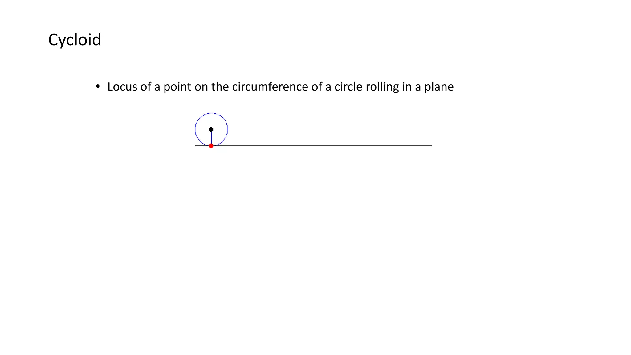 Cycloid
• Locus of a point on the circumference of a circle rolling in a plane
 