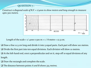 QUESTION 7 :
Construct a diagonal scale of R.F. = 1/4000 to show meters and long enough to measure
upto 500 meters.
Length of the scale = 1/ 4000 x 500 m = 1 / 8 metre = 12.5 cm.
 Draw a line 12.5 cm long and divide it into 5 equal parts. Each part will show 100 metres.
 Divide the first part into ten equal divisions. Each division will show 10 metres.
 At the left-hand end, erect a perpendicular and on it, step-off 10 equal divisions of any
length.
 Draw the rectangle and complete the scale.
 The distance between points A and B shows 374 metres.
 
