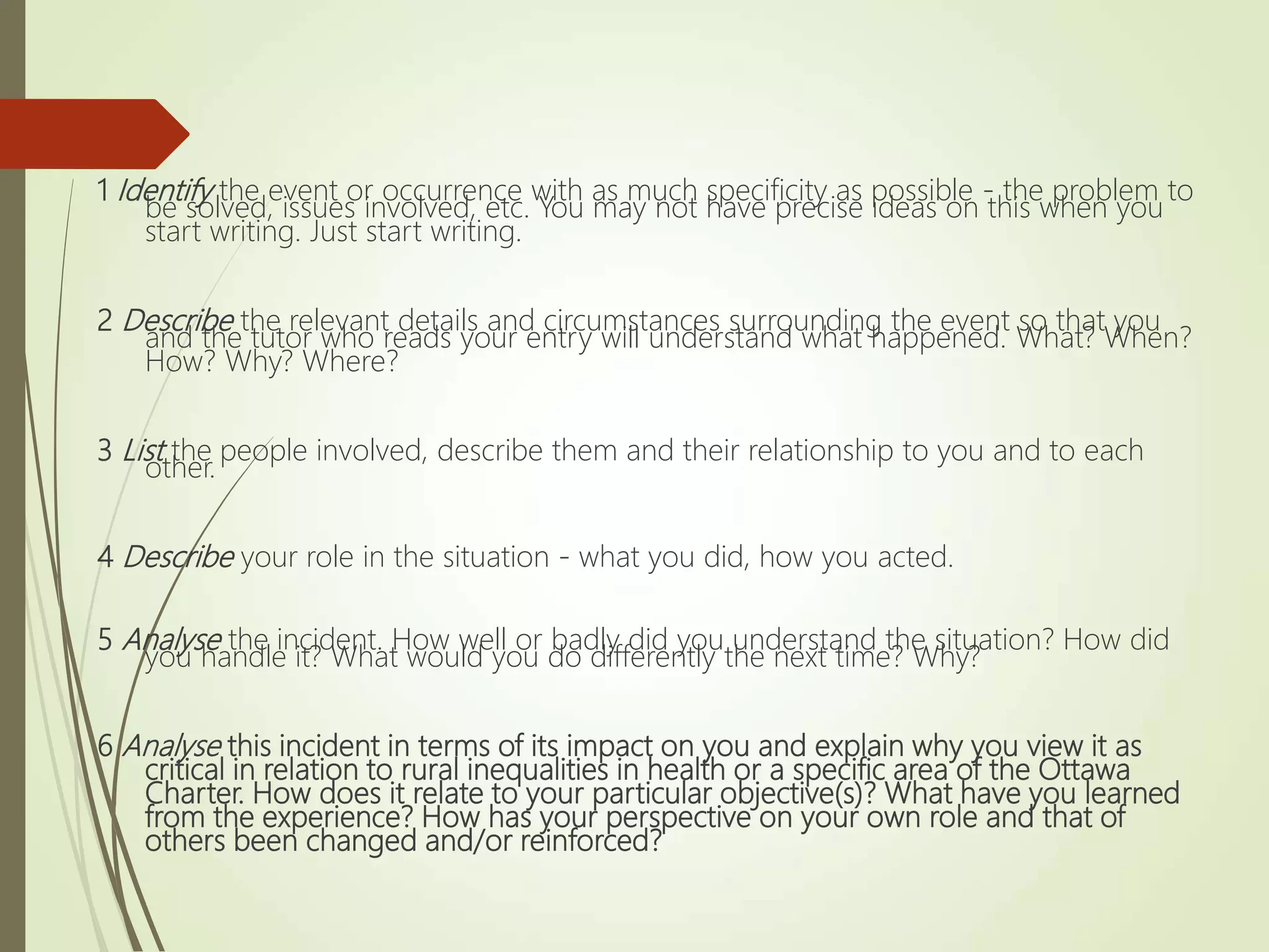 1 Identify the event or occurrence with as much specificity as possible - the problem to
be solved, issues involved, etc. You may not have precise ideas on this when you
start writing. Just start writing.
2 Describe the relevant details and circumstances surrounding the event so that you
and the tutor who reads your entry will understand what happened. What? When?
How? Why? Where?
3 List the people involved, describe them and their relationship to you and to each
other.
4 Describe your role in the situation - what you did, how you acted.
5 Analyse the incident. How well or badly did you understand the situation? How did
you handle it? What would you do differently the next time? Why?
6 Analyse this incident in terms of its impact on you and explain why you view it as
critical in relation to rural inequalities in health or a specific area of the Ottawa
Charter. How does it relate to your particular objective(s)? What have you learned
from the experience? How has your perspective on your own role and that of
others been changed and/or reinforced?
 