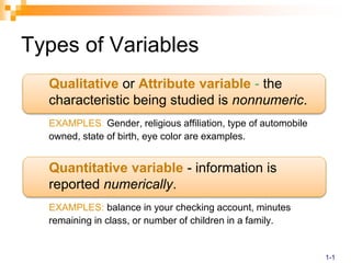 Types of Variables
Qualitative or Attribute variable - the
characteristic being studied is nonnumeric.
EXAMPLES: Gender, religious affiliation, type of automobile
owned, state of birth, eye color are examples.
Quantitative variable - information is
reported numerically.
EXAMPLES: balance in your checking account, minutes
remaining in class, or number of children in a family.
1-1
 
