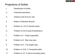 Projections of Solids:
1.      Classification of Solids:

2.      Important parameters:

3.      Positions with Hp & Vp: Info:

4.      Pattern of Standard Solution.

5.      Problem no 1,2,3,4: General cases:

6.      Problem no 5 & 6 (cube & tetrahedron)

7.      Problem no 7 : Freely suspended:

8.      Problem no 8 : Side view case:

9.      Problem no 9 : True length case:

10.     Problem no 10 & 11 Composite solids:

11.     Problem no 12 : Frustum & auxiliary plane:
 