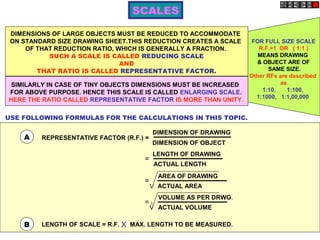 SCALES

 DIMENSIONS OF LARGE OBJECTS MUST BE REDUCED TO ACCOMMODATE
 ON STANDARD SIZE DRAWING SHEET.THIS REDUCTION CREATES A SCALE     FOR FULL SIZE SCALE
     OF THAT REDUCTION RATIO, WHICH IS GENERALLY A FRACTION..        R.F.=1 OR ( 1:1 )
           SUCH A SCALE IS CALLED REDUCING SCALE                     MEANS DRAWING
                               AND                                   & OBJECT ARE OF
        THAT RATIO IS CALLED REPRESENTATIVE FACTOR.                      SAME SIZE.
                                                                  Other RFs are described
 SIMILARLY IN CASE OF TINY OBJECTS DIMENSIONS MUST BE INCREASED              as
FOR ABOVE PURPOSE. HENCE THIS SCALE IS CALLED ENLARGING SCALE.         1:10,   1:100,
                                                                    1:1000, 1:1,00,000
HERE THE RATIO CALLED REPRESENTATIVE FACTOR IS MORE THAN UNITY.

USE FOLLOWING FORMULAS FOR THE CALCULATIONS IN THIS TOPIC.

                                          DIMENSION OF DRAWING
    A    REPRESENTATIVE FACTOR (R.F.) =
                                          DIMENSION OF OBJECT
                                          LENGTH OF DRAWING
                                     =
                                          ACTUAL LENGTH
                                            AREA OF DRAWING
                                     =
                                          V ACTUAL AREA
                                            VOLUME AS PER DRWG.
                                     =3
                                          V ACTUAL VOLUME

    B    LENGTH OF SCALE = R.F. X MAX. LENGTH TO BE MEASURED.
 