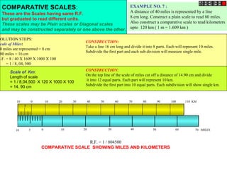 COMPARATIVE SCALES:                                       EXAMPLE NO. 7 :
  These are the Scales having same R.F.                     A distance of 40 miles is represented by a line
  but graduated to read different units.                    8 cm long. Construct a plain scale to read 80 miles.
  These scales may be Plain scales or Diagonal scales       Also construct a comparative scale to read kilometers
  and may be constructed separately or one above the other. upto 120 km ( 1 m = 1.609 km )

SOLUTION STEPS:
                                                CONSTRUCTION:
Scale of Miles:
                                                Take a line 16 cm long and divide it into 8 parts. Each will represent 10 miles.
 0 miles are represented = 8 cm
                                                Subdivide the first part and each sub-division will measure single mile.
 80 miles = 16 cm
R.F. = 8 / 40 X 1609 X 1000 X 100
     = 1 / 8, 04, 500

      Scale of Km:                              CONSTRUCTION:
      Length of scale                           On the top line of the scale of miles cut off a distance of 14.90 cm and divide
      = 1 / 8,04,500 X 120 X 1000 X 100         it into 12 equal parts. Each part will represent 10 km.
      = 14. 90 cm                               Subdivide the first part into 10 equal parts. Each subdivision will show single km.



          10           0       10   20    30        40   50        60      70      80          90    100      110 KM
               5




          10       5       0         10        20             30            40            50            60          70 MILES



                                            R.F. = 1 / 804500
                           COMPARATIVE SCALE SHOWING MILES AND KILOMETERS
 
