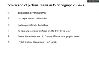 Conversion of pictorial views in to orthographic views.

1.     Explanation of various terms

2.      1st angle method - illustration


3.      3rd angle method – illustration

4.     To recognize colored surfaces and to draw three Views

5.     Seven illustrations (no.1 to 7) draw different orthographic views

6.      Total nineteen illustrations ( no.8 to 26)
 