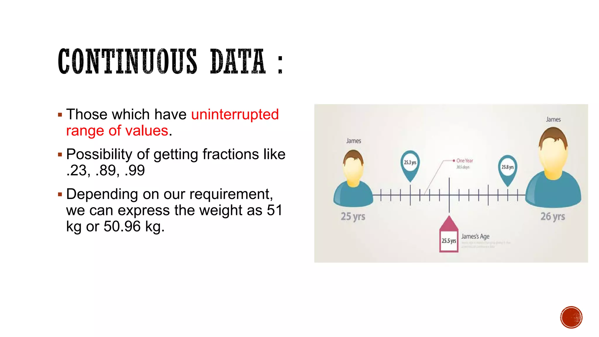  Those which have uninterrupted
range of values.
 Possibility of getting fractions like
.23, .89, .99
 Depending on our requirement,
we can express the weight as 51
kg or 50.96 kg.
 