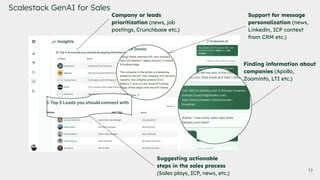 13
Scalestack GenAI for Sales
Finding information about
companies (Apollo,
Zoominfo, LTI etc.)
Suggesting actionable
steps in the sales process
(Sales plays, ICP, news, etc.)
Support for message
personalization (news,
Linkedin, ICP context
from CRM etc.)
Company or leads
prioritization (news, job
postings, Crunchbase etc.)
 